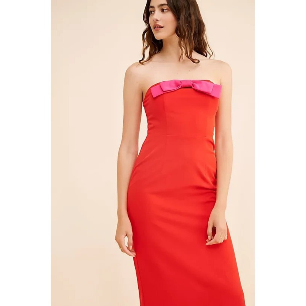 NWT Anthropologie Flat White Bow Midi Dress XS Strapless Formal Red Pink